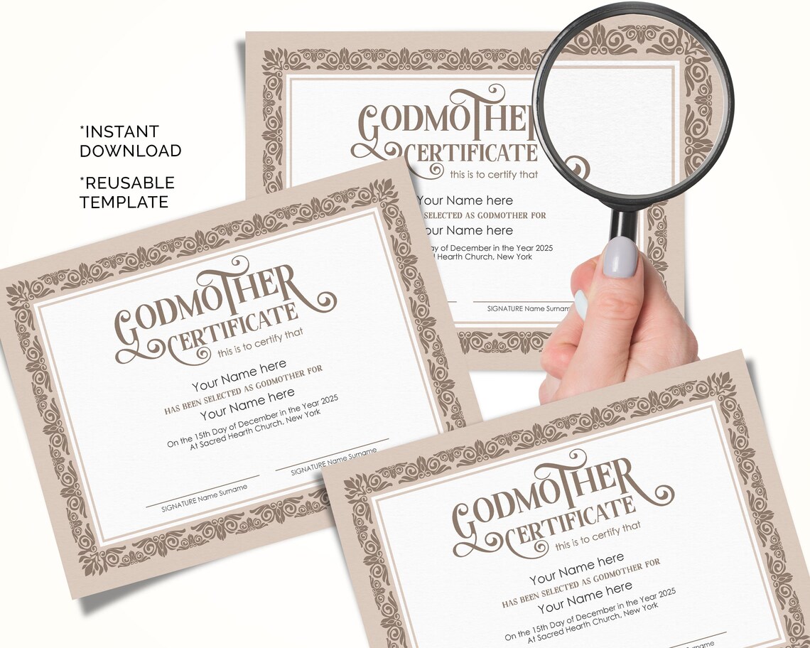 Editable Godmother Certificate Template Printable Baptism | Etsy