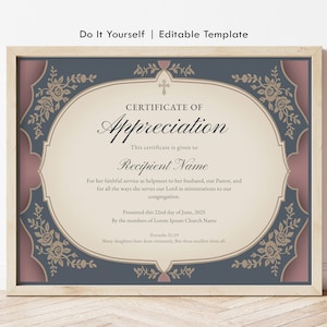 Retro Certificate of Appreciation for the Pastor&#39;s Wife, Gift for Pastor&#39;s Wife, Editable Appreciation Gift Certificate Download Jet224