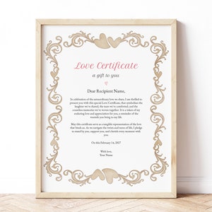 Certificate of Love Couple Gift Keepsake, Personalized Valentines Day ...