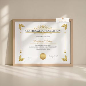 Editable Certificate of Donation Template, Printable Charity Donation Certificate Template, Funding, Gold Gift Certificate Download, Jet150 image 1