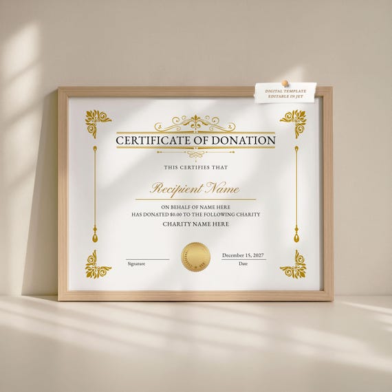 Editable Certificate of Donation Template, Printable Charity Donation Certificate Template, Funding, Gold Gift Certificate Download, Jet150