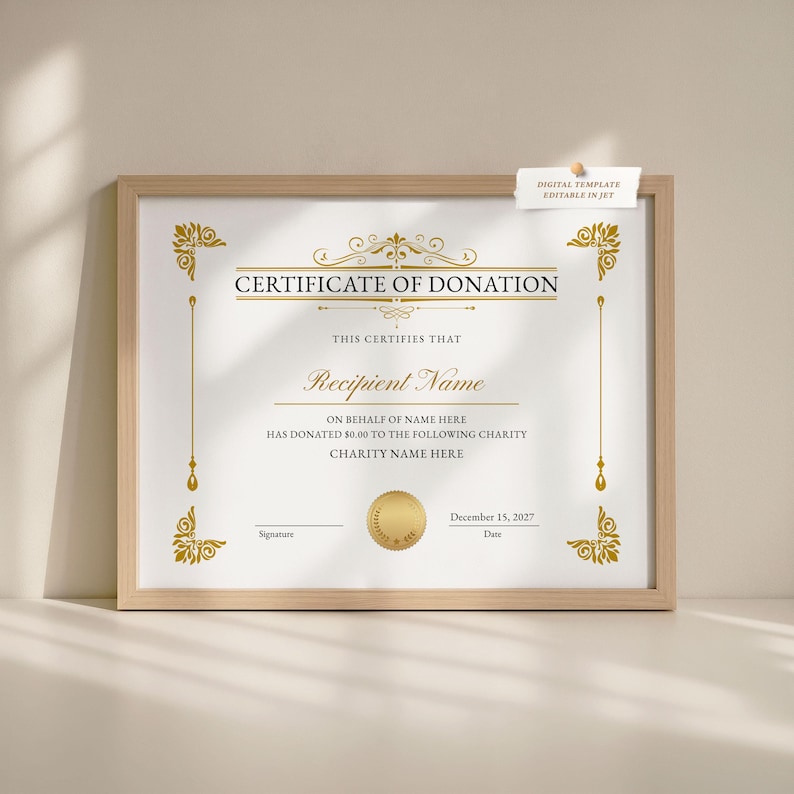 Editable Certificate of Donation Template, Printable Charity Donation Certificate Template, Funding, Gold Gift Certificate Download, Jet150 image 1