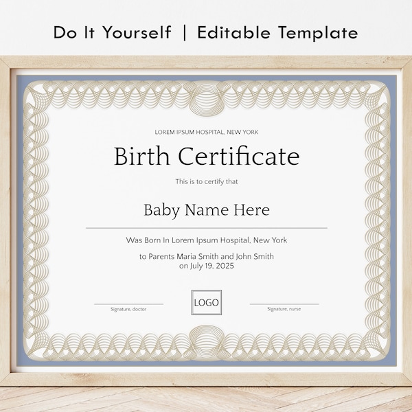 Birth Certificate Template EDITABLE Certificate of Birth Baby Boy Gift Certificate Maternity Hospital Birth Certificate Download Jet316