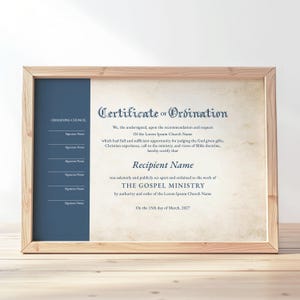 Editable Ordained Minister Certificate Template, Printable Certificate of Ordination Deacon Certificate Minister Credentials Download Jet087