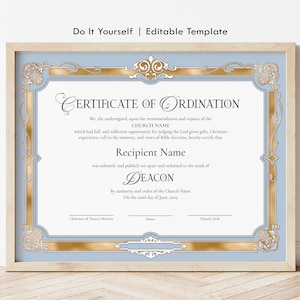 Deacon Ordination Certificate Template, Editable Printable Certificate Ordination for Deacon, Ministry Certificate Digital Download Jet144