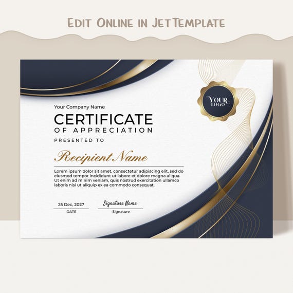 Modern Certificate of Appreciation Printable Appreciation Award Certificate Template Elegant DIY Editable Certificate Award  Download Jet058