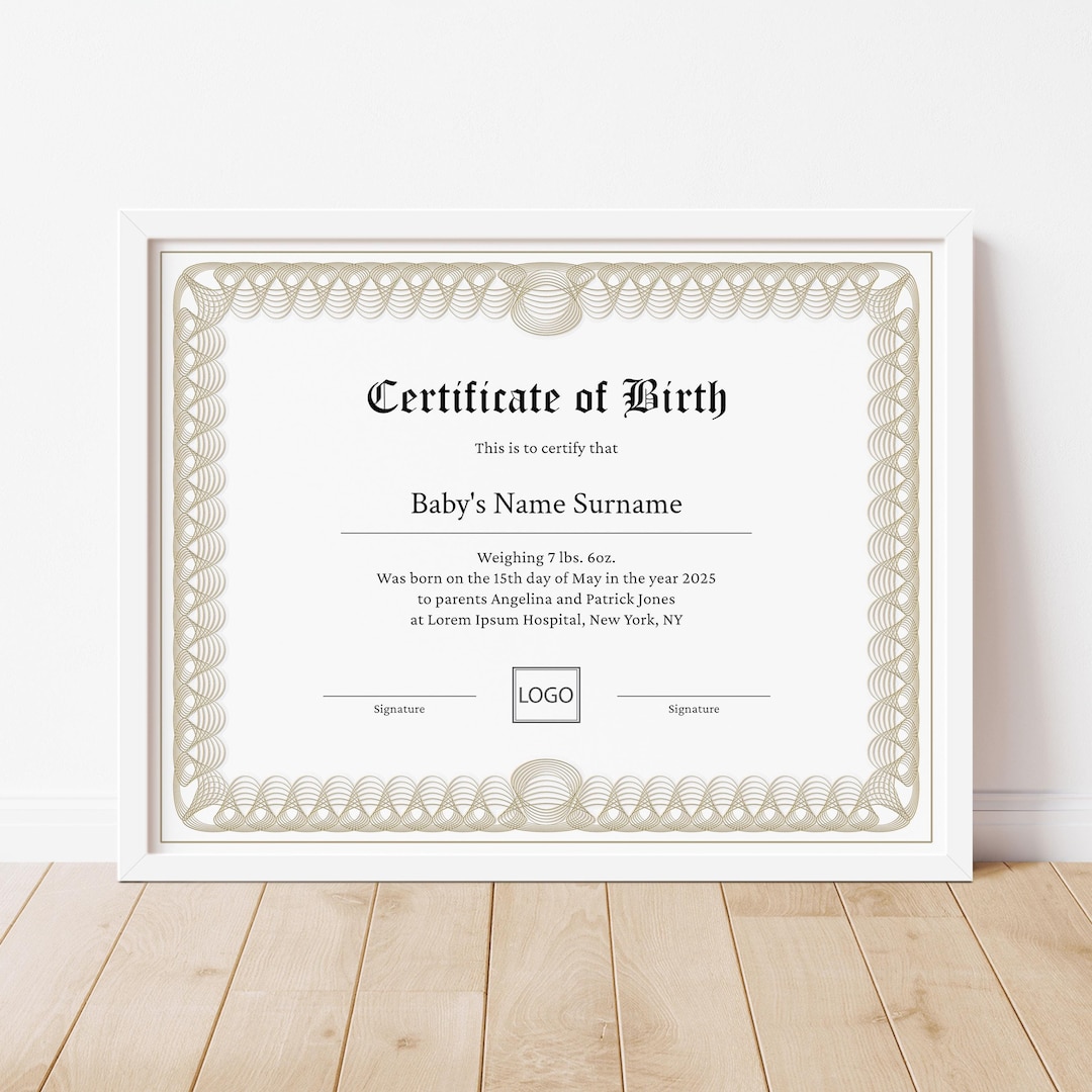 Editable Birth Certificate Template Printable Baby Boy Girl Gift
