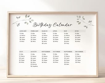 Calendrier d&#39;anniversaire perpétuel imprimable, modifiable, calendrier minimaliste, modèle réutilisable, calendrier de rappel d&#39;anniversaire, verdure, téléchargement Jet182