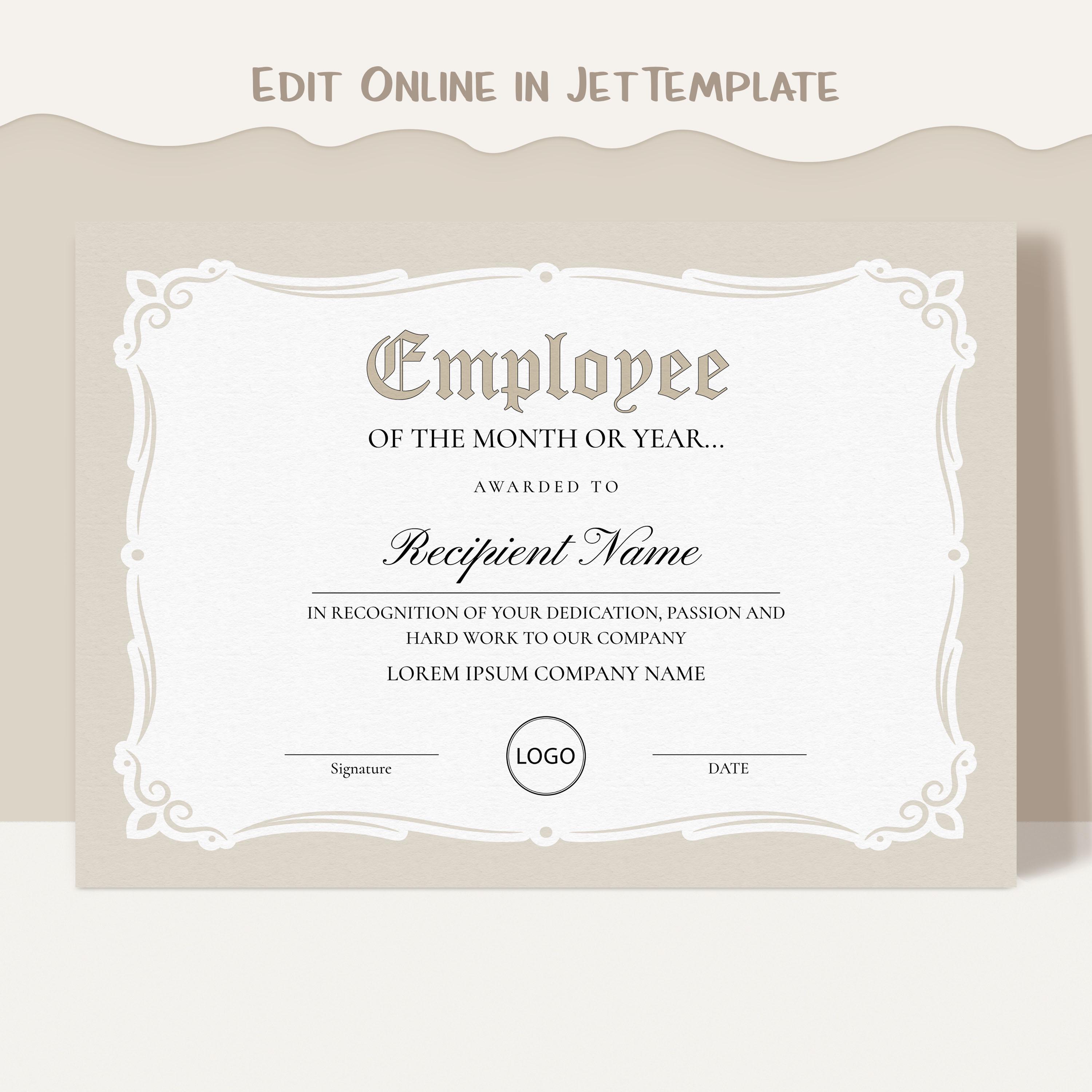 Recognition Employee of the Month or Year EDITABLE Certificate Template, Employee  Appreciation Corporate Award Digital Download Jet221 - Etsy, image size:3000x3000