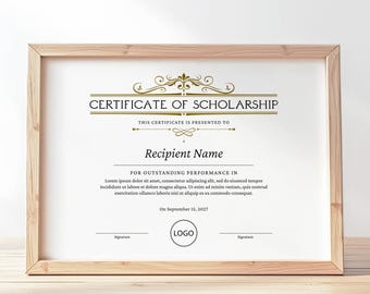 Printable Certificate of Scholarship, Logo EDITABLE Scholarship Award Certificate Template, Minimalist Certificate Instant Download, Jet021