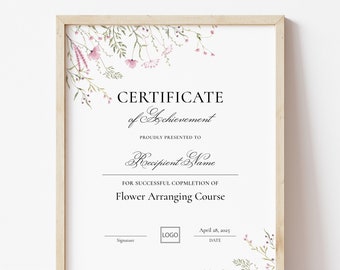 Editable Floristry Certificate Template, Flower Arranging Course Completion, Professional Florist Course, Floristry Diploma Download 004