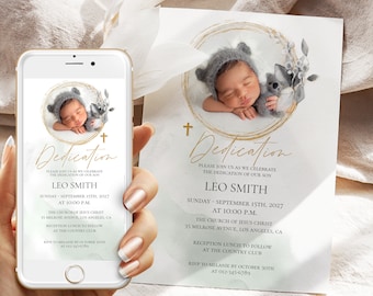 Dedication Invitation Template, Baptism Photo Invitation, Gold Green Baptism Phone Invite, Dedication Christening Evite Download Jet278