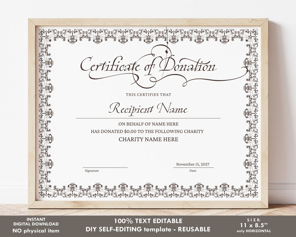 Editable Certificate of Donation Template Printable Charity Etsy