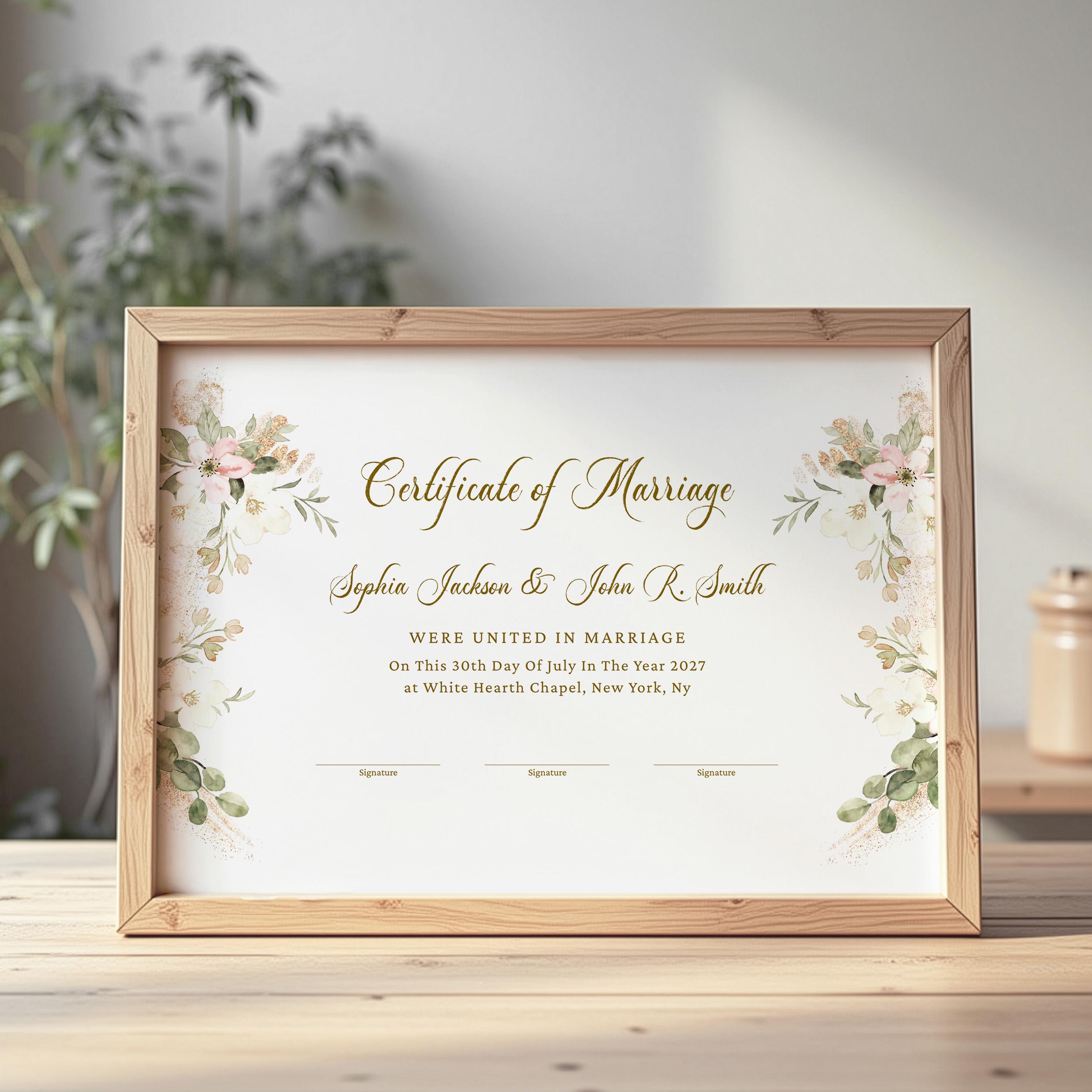 Elegant Wedding Certificate Template, Printable Certificate of Marriage, Editable Marriage Certificate, Wedding Gift Download Jet215