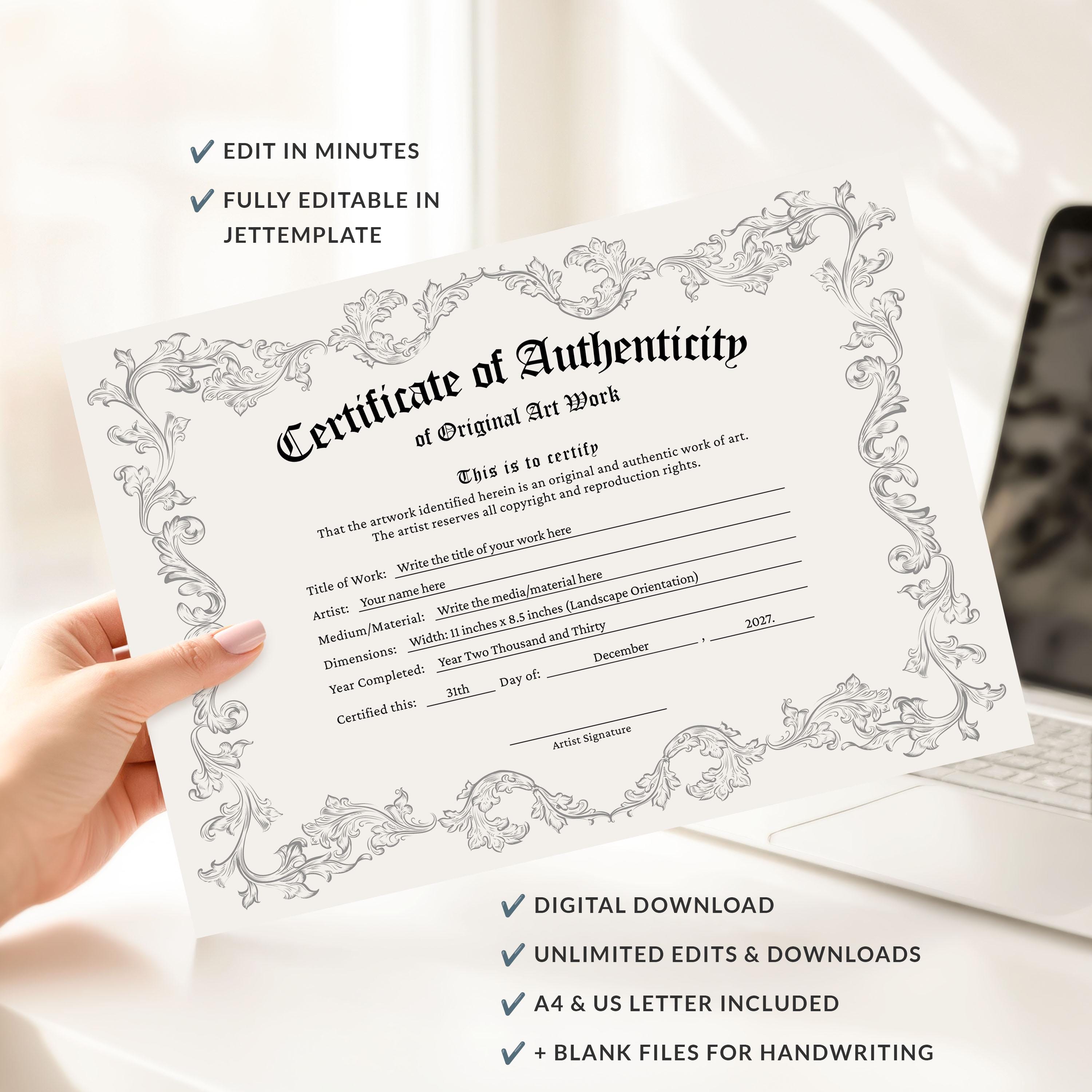 Certificate of Authenticity Template, Editable COA Certificate