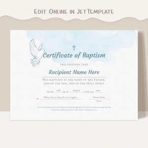 Editable Baptism Certificate Template, Printable Certificate of Baptism, Elegant Watercolor Baptism Template Digital Download, Jet313