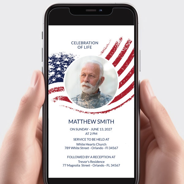 Electronic Veteran Funeral Announcement EDITABLE Funeral Invite American Flag Military Memorial Celebration of Life Digital Download 009