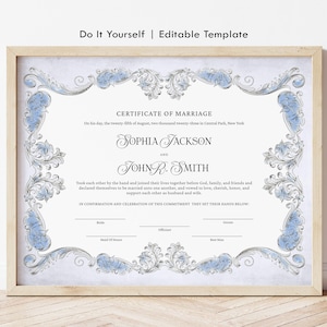 Dusty Blue Vintage Märchen Hochzeit Zertifikat Vorlage, bearbeitbare Heiratsurkunde druckbare Hochzeit Andenken Geschenkgutschein 327
