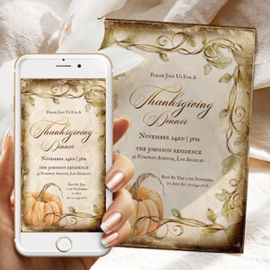 Vintage Thanksgiving Dinner Einladung Kartenvorlage, bearbeitbare druckbare Thanksgiving-Einladung, Kürbis Thanksgiving Digital Download, Jet326