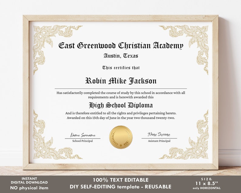 Editable Homeschool Diploma Template Printable Diploma Etsy