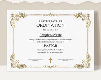Plantilla de certificado de ordenación pastoral, certificado de ordenación editable, certificado de ministerio imprimible, certificado de iglesia Jet169