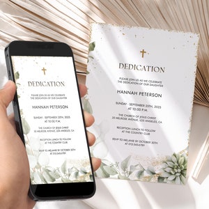 Kind Hingabe Einladung Card Template, Eukalyptus Zweige Sukkulente Blume, Taufe, Telefon einladen Digital Download Jet322