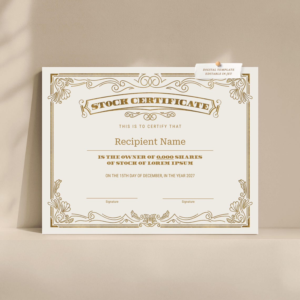 EDITABLE Stock Certificate Template, Printable Certificate of Stock ...