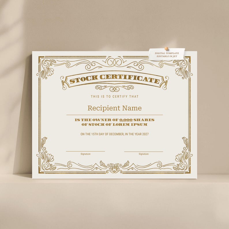 EDITABLE Stock Certificate Template, Printable Certificate of Stock ...