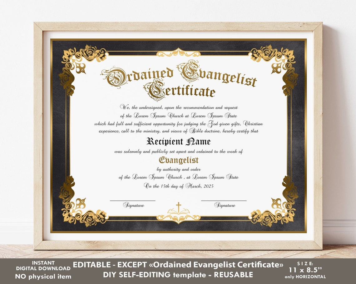 Editable Ordained Evangelist Certificate Template Printable - Etsy
