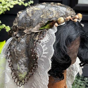 Art Deco 1920s flapper bridal cap gold metallic lace juliet with velvet leaves & silk bud trapunto garland beaded ear covers bridal cloche