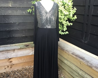 Vintage beaded long black dress with bugle bead bodice by Murray Arbeid London designer for the late Princess Diana