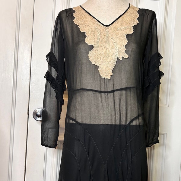 Vintage 1930s long black sheer dress with lace bodice insert seam detailing finely pleated chiffon frills