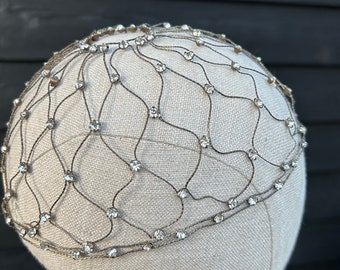 Art Deco 1920s flapper silver lattice & diamante skull cap hat brides juliet cap rhinestone