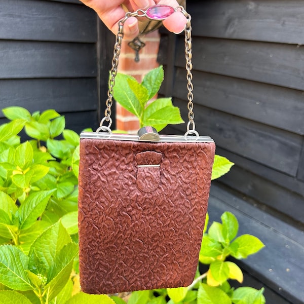 Art Deco handbag top handle bag ruched brown satin chain handle handbag with chromed frame British made