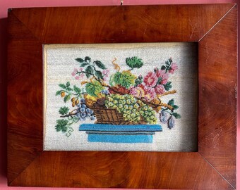 Antique georgian fine bead work picture of flowers & fruit in a basket on a plinth regency micro bead work