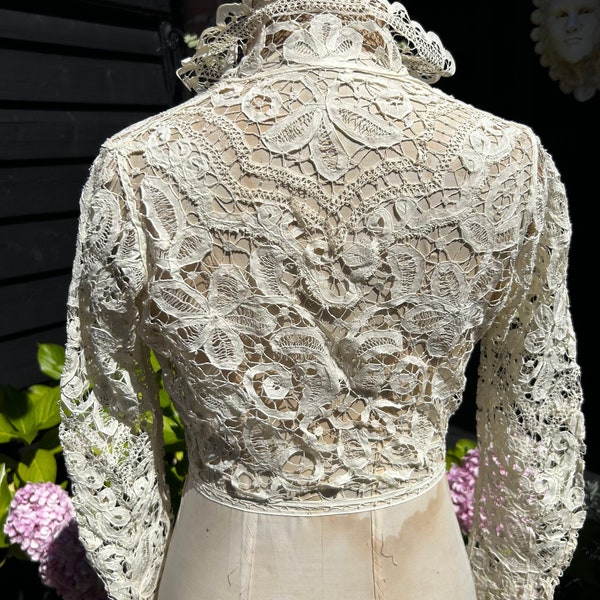 Antique Edwardian lace jacket hand worked ivory tape lace blouse bridal jacket bodice