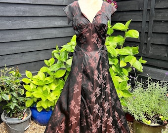 Abito da sera lungo anni '50 in damasco floreale nero e rosa, abito da sposa vintage, busto 34"