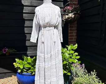 Antique Edwardian fine white cotton blouse & skirt lace and embroidery inserts multiple pleats would be a splendid wedding dress outfit