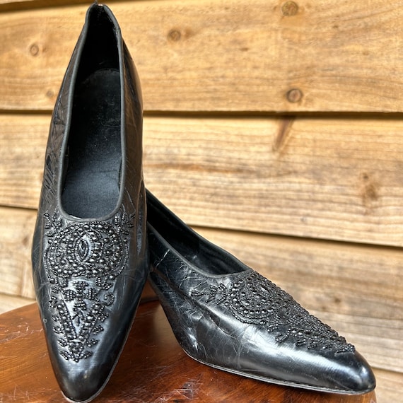 Antique Edwardian black leather shoes with black … - image 3