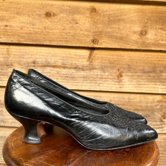 Antique Edwardian black leather shoes with black … - image 8