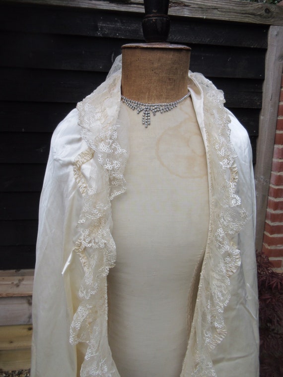 Antique Edwardian wedding cape long Cream satin w… - image 4