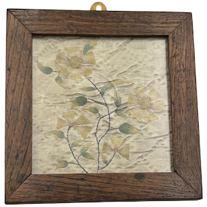 Antique 18th century embroidered silk textile fragment flowers & buds, quilted originally from a coverlet