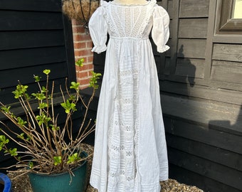 Antique vintage childs white cotton pinafore petticoat broderie anglaise apron front horizontal pleat hand & machine sewn