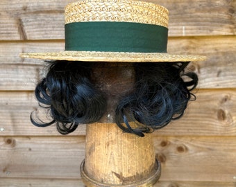 Vintage straw boater with green grosgrain ribbon the Ridgmont make 53cm