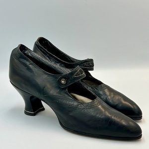 Edwardian 1910 1920s black shoes leather with black bead decoration & button fastening strap