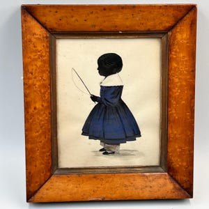 Antique Silhouette Portrait: Child in Blue Dress, Maple Frame, c1830