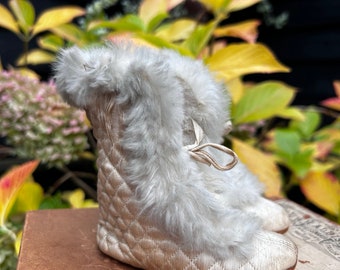 Antique quilted fur lined silk baby boots distressed but still beautiful for display