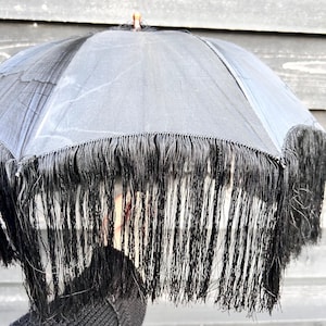 Victorian black silk folding carriage parasol with fringe