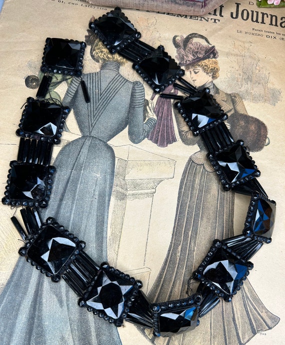 Antique black glass bead belt Victorian Edwardian… - image 3