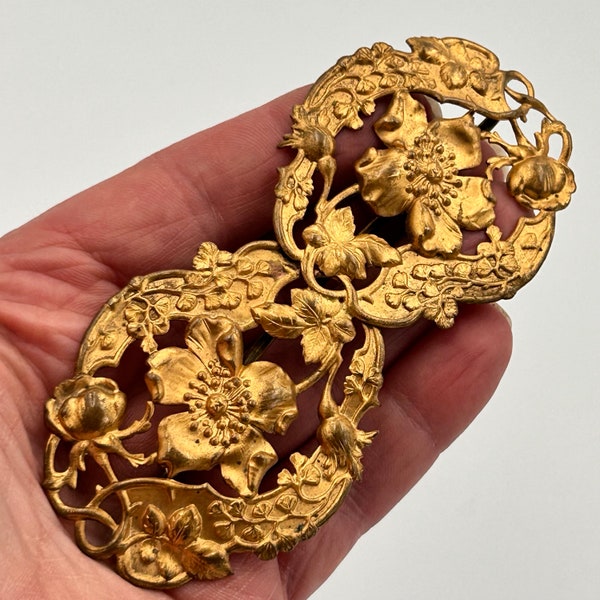 Antique art nouveau floral gilded brass double sash buckle
